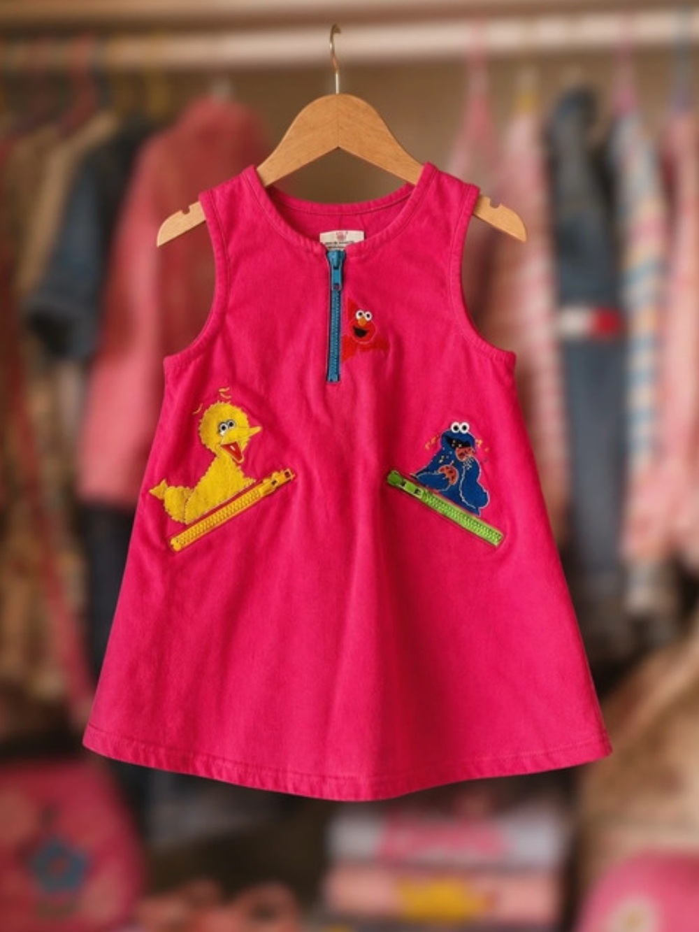 Vintage Sesame Street Big Bird Cookie Monster Elmo Toddler Dress 3T Pink